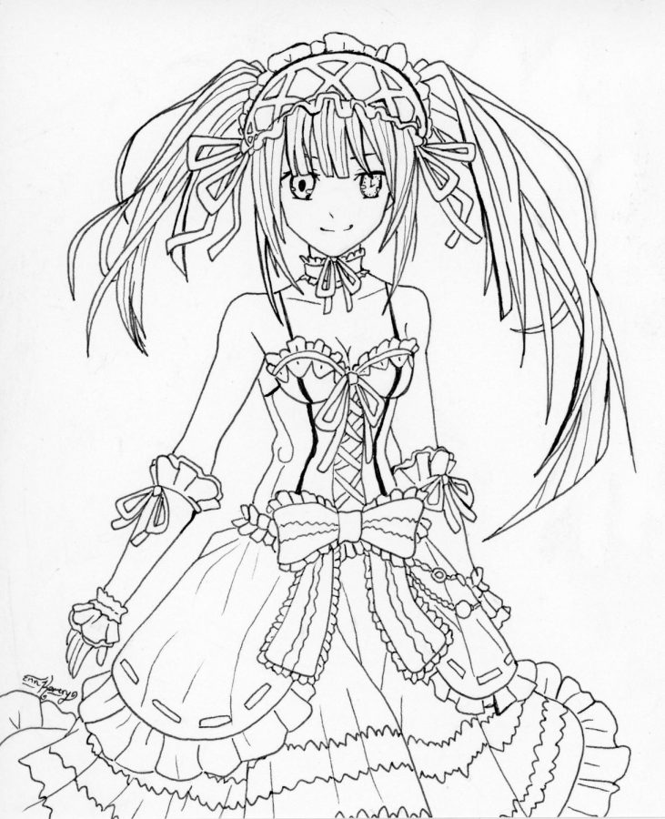 A black and white drawing of Kurumi Tokisaki, a Japanese animated character in the popular anime Date A Live.