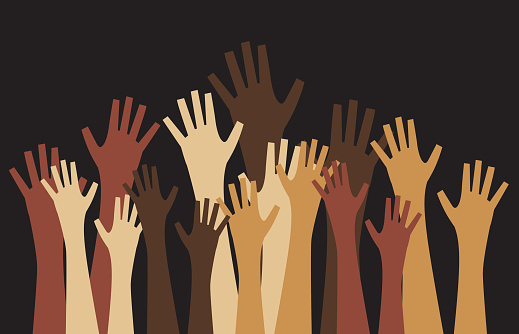 Vector illustration of a crowd od hands reaching upwards.