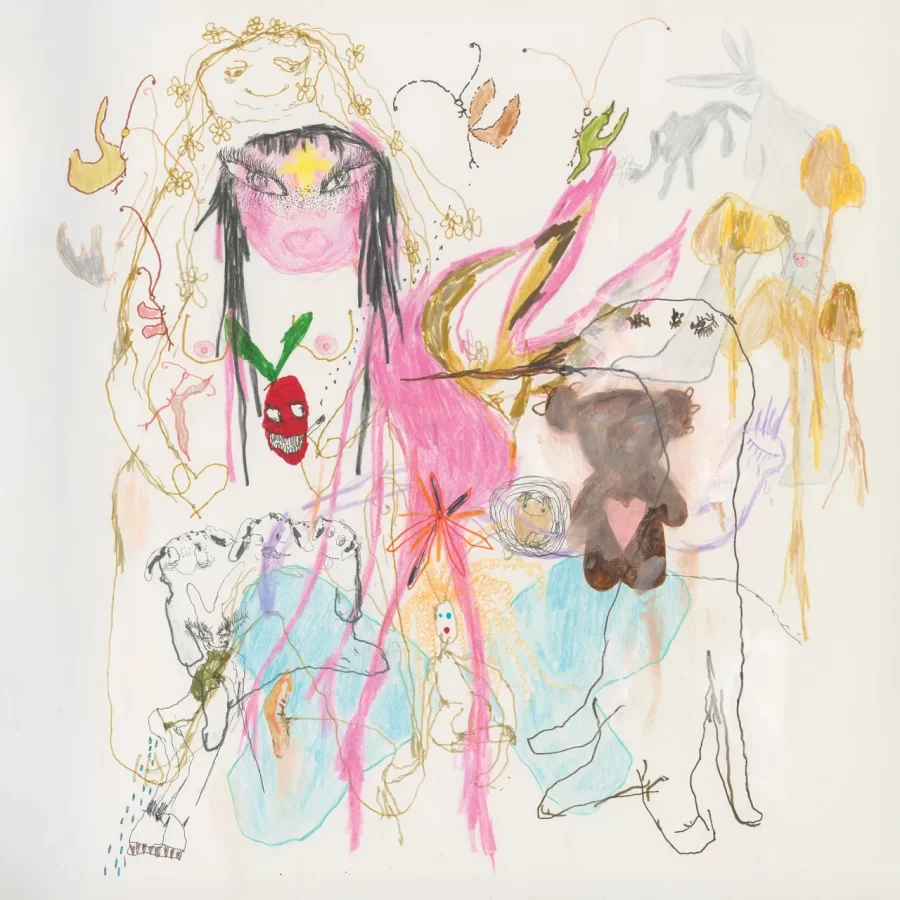 Cream background color, with a pink figure (resembles a fairy-like creature) in the center of the image. There is a teddy bear to the right side of the figure, along with some doodles behind the fairy creature.