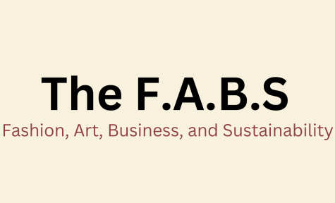 A cream color background with the word “The” and the acronym “F.A.B.S” written across the photo in bold black letters. Underneath the acronym, are the words that stand for it. The words underneath are written in a smaller font size than “the F.A.B.S.” and are in a maroon color. It states, “Fashion, Art, Business, and Sustainability.”