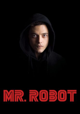 Elliot Alderson in a black hoodie that fades into the black background, red retro font below reads "MR. ROBOT"