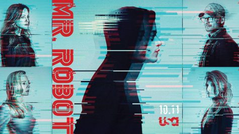 Promotional poster for season 3 of Mr. Robot, showing the main cast with a glitch effect. Text reads "MR. ROBOT, 10.11, USA"