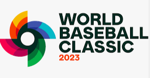 white background with black letters spelling out World Baseball classic. Red numbers below the words showing the year 2023. Finally a blue, green, orange, and red pin wheel with a white dot in the middle to the left of the words.