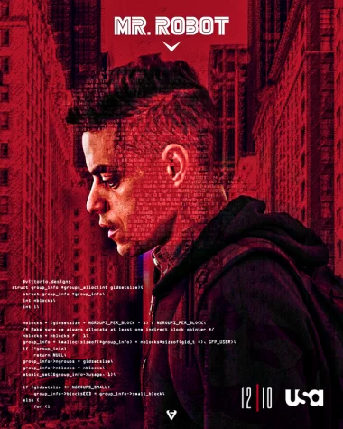 A man in a black hoodie looks down at a New York City Street, it is monochromatic red and shows text of someone attempting to hack something