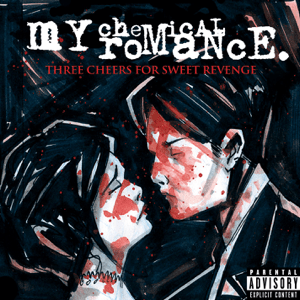 The album cover to Three Cheers for Sweet revenge, a man and woman dressed for a wedding both facing each other with eyes closed, they are covered in blood