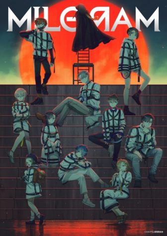 A poster of various anime style characters sitting on stairs with a dramatic sun rise in the background