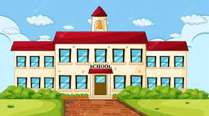blue sky with clouds. 2 story school with a red roof. grass out if front with a dirt path leading to the door of the school.